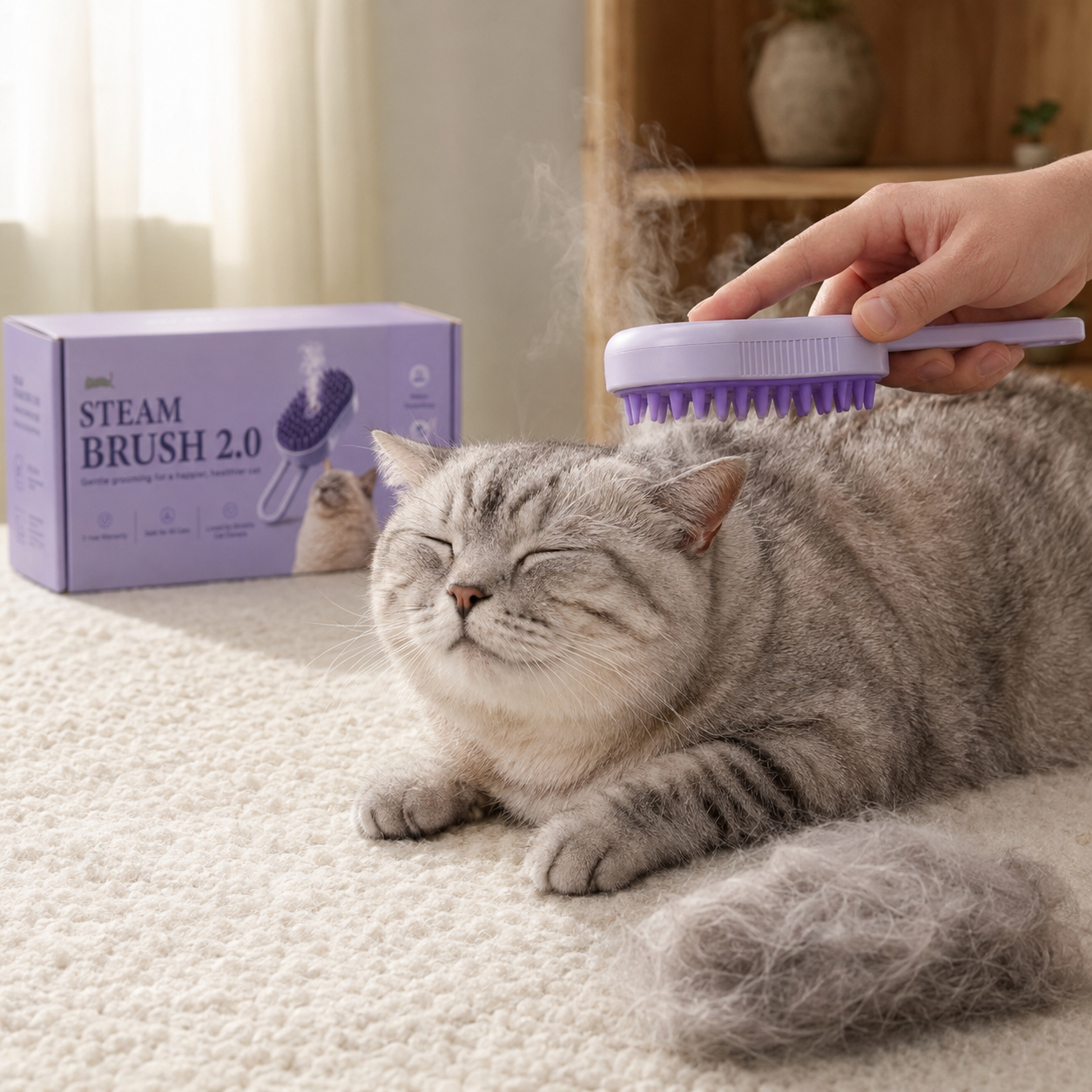 Steam Brush 2.0 ångborste för pälsvård av katt