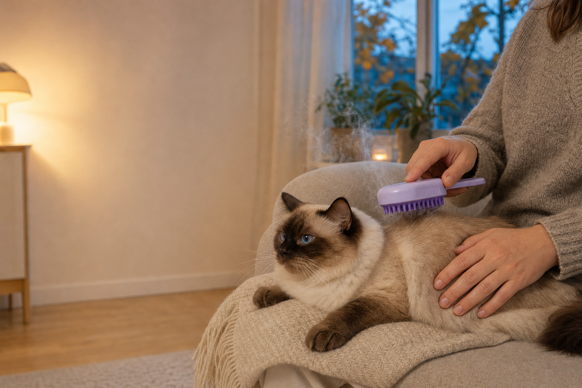 Ragdoll i knät borstas med Steam Brush 2.0 en höstkväll
