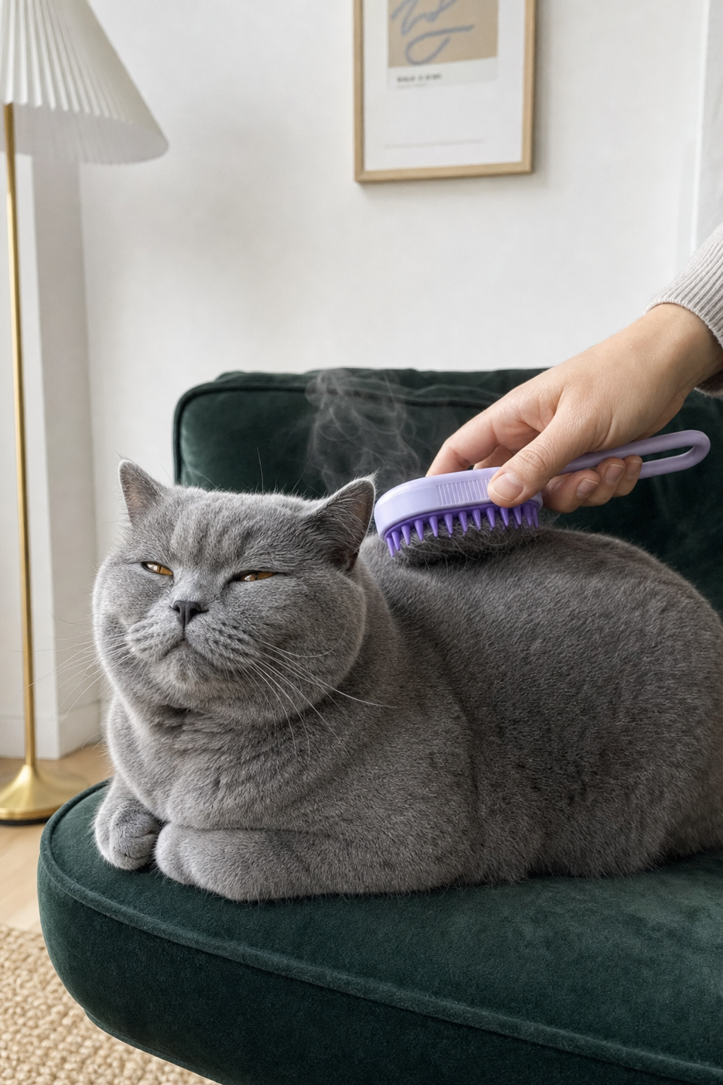 Brittiskt korthår borstas i soffan med Steam Brush 2.0