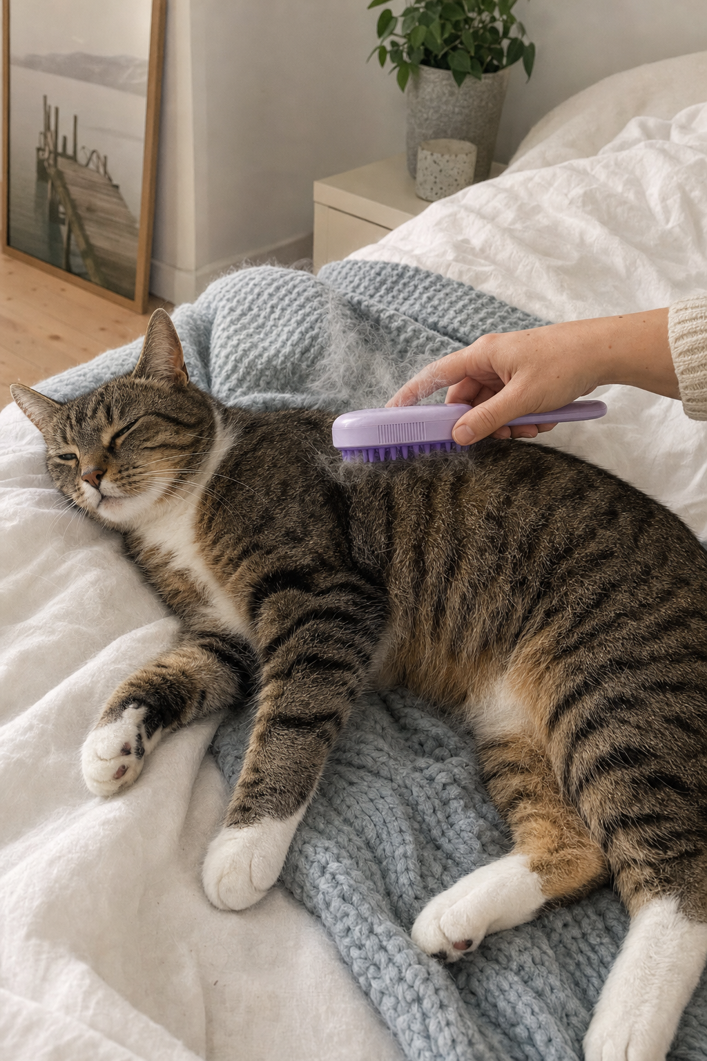 Huskatt borstas med Steam Brush 2.0 i sängen