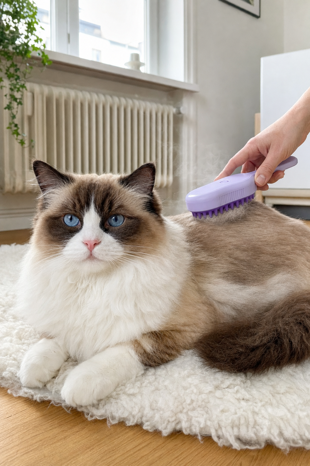 Ragdoll borstas med Steam Brush 2.0 på en fårskinnsfäll
