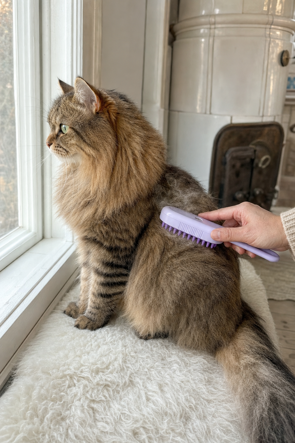 Sibirisk katt borstas i fönstret med Steam Brush 2.0