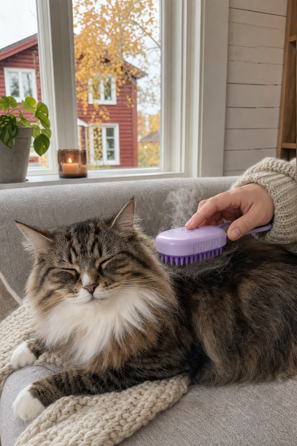 Norsk skogkatt borstas med Steam Brush 2.0 i soffan en höstdag